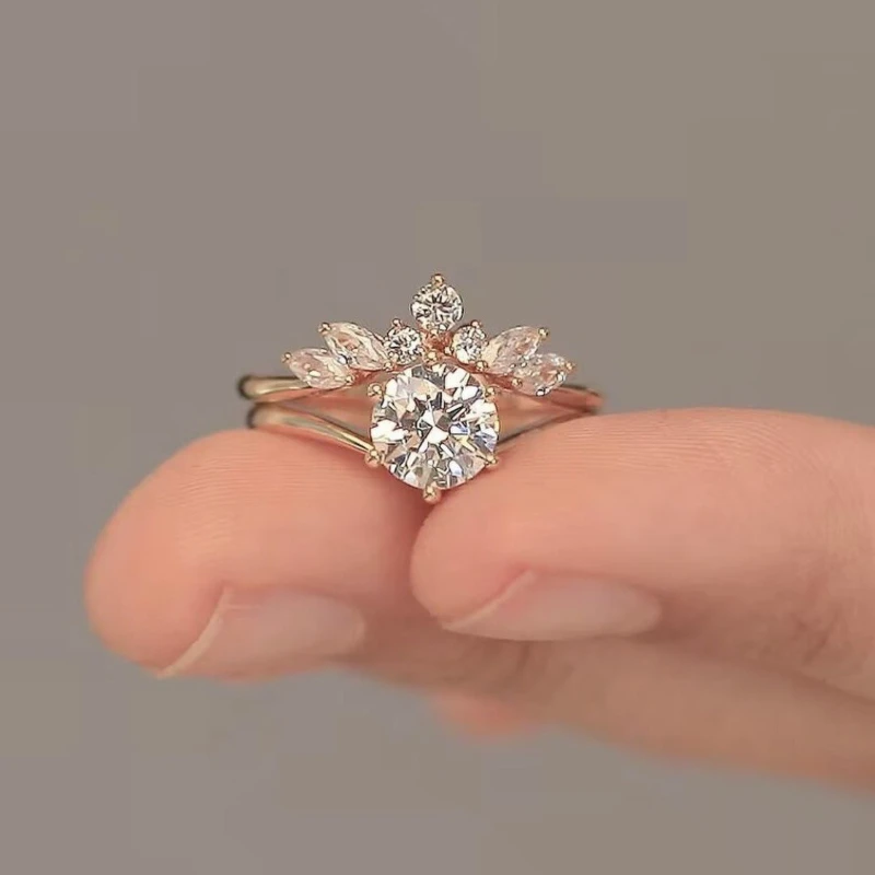 2 Pieces/set of Exquisite Sparkling Zircon Inlaid Women's Rings, Bridal Engagement, Wedding Banquet Jewelry Gifts