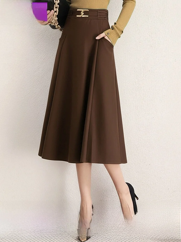 High Waist A-Line Midi Skirt Coffee Color Casual Commute Women's Fashion Spring New Style FX．＆Mongyi Brand City Commute Polye...