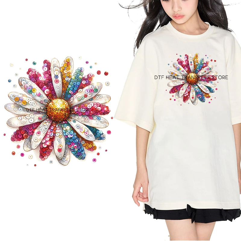 Sparkling Chrysanthemum iron on heat transfer dtf transfers ready to press patches for Children\'s clothing iron on heat transfer