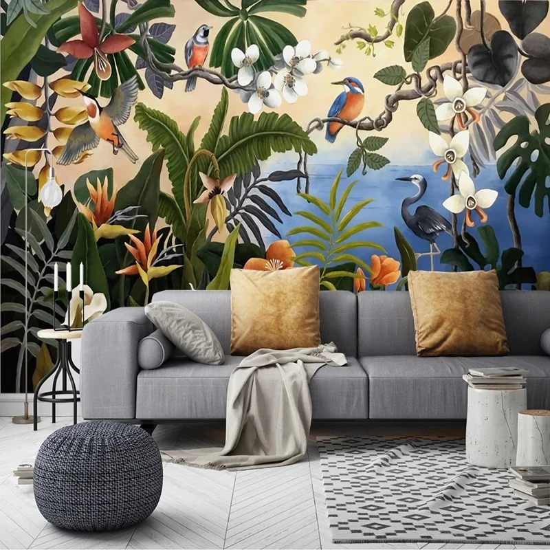 Custom 3D Modern Hand-Painted Tropical Rainforest Mural Minimalist Tree Leaf Bird Wall Art Nature TV Background Wallpaper