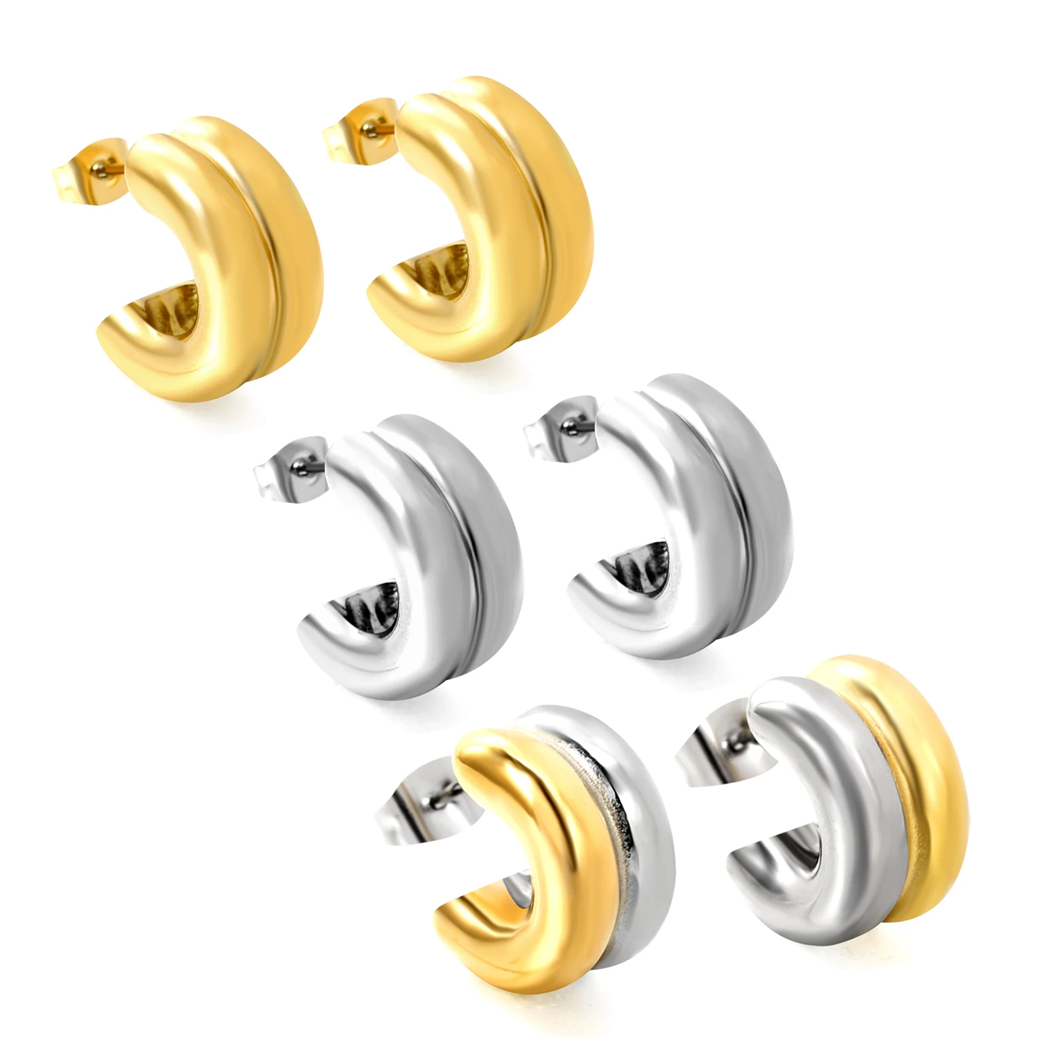 ASONSTEEL 18K Gold Plated Thickened Double Layer C-shaped Hoops Stud Earrings Piercing Stainless Steel Waterproof Fashion Gifts