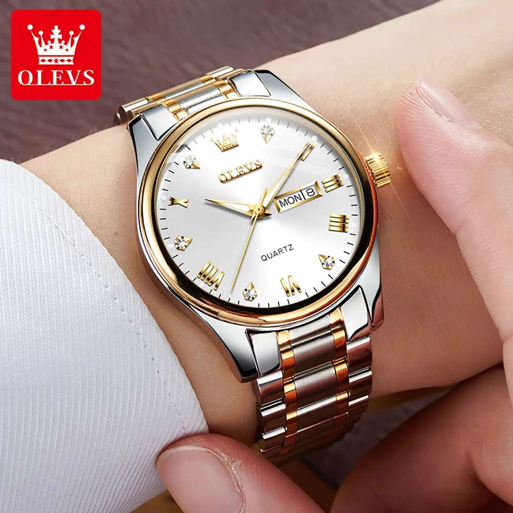 OLEVS Top Brand Quartz Watch for Men Digital Dial Week Date Stainless Steel Luminous Luxury Business Wristwatch Man Hand Clock