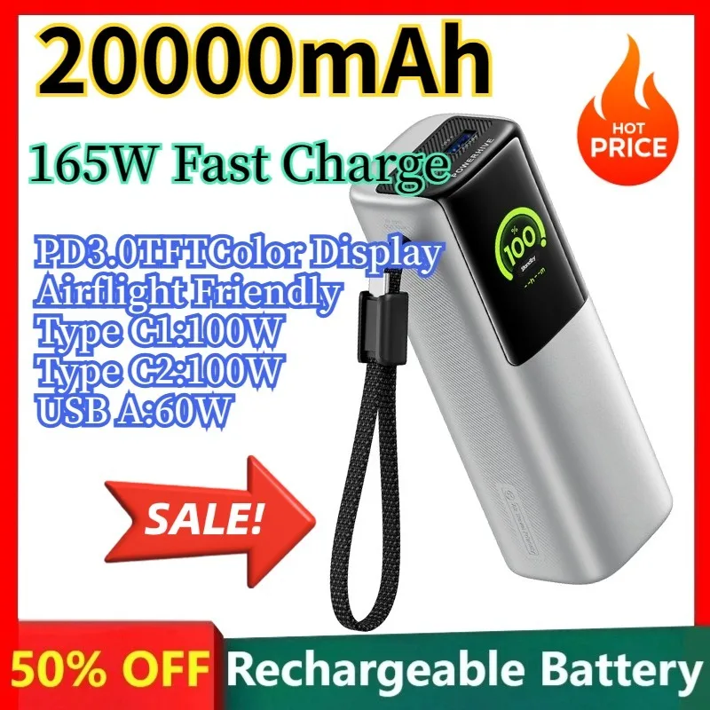 

Hot Sale 20000mAh Power Bank 165W QC Fast Charger with Built-in Cable LED Display Portable Battery for iPhone Samsung etc.