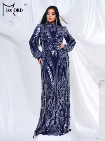 Missord Plus Size Church Dress High Neck Long Sleeved Sequin Mermaid Evening Large Evening Wedding Birthday Party Dress