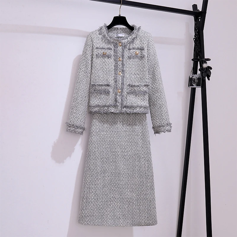 2024 winter french luxury fragrance tweed two pieces set office ladies elegant long sleeve coats+long skirts sets women clothing