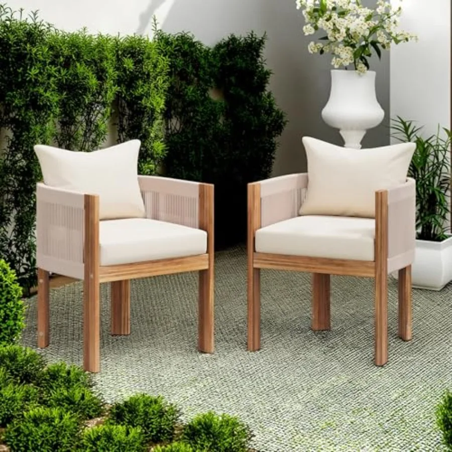 

Matera Dining Chair Set of 2 Acacia Wood Outdoor Accent Chair Farmhouse Patio Kitchen Side Chair Comfy Reading Chair Round Back