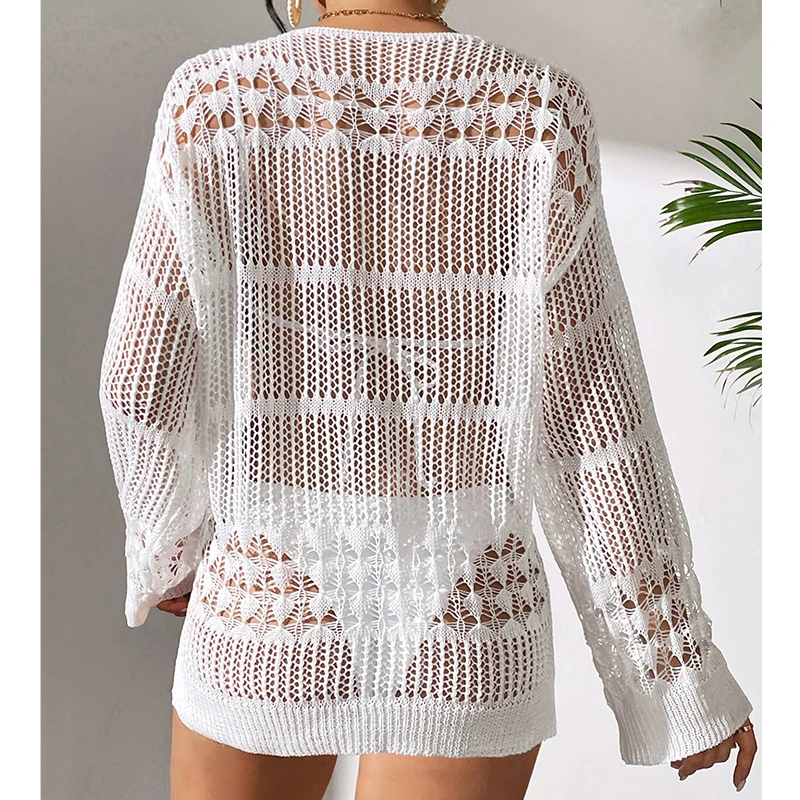 Abito girocollo scollato solido Abito versatile da spiaggia a maniche lunghe per abbigliamento da donna primaverile ed estivo