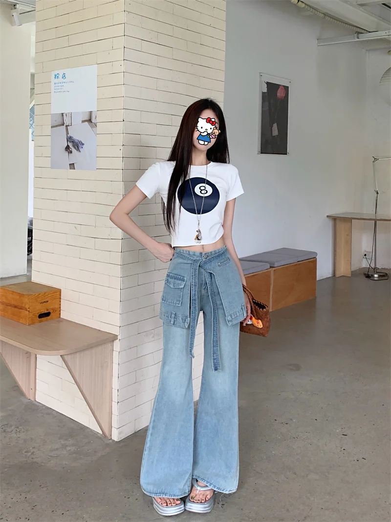 여성 의류 블랙 청바지 드로스트링 신축성 있는 허리 편안한 루즈핏 여성 데님 패션 편안한 기본 심플 데일리웨어