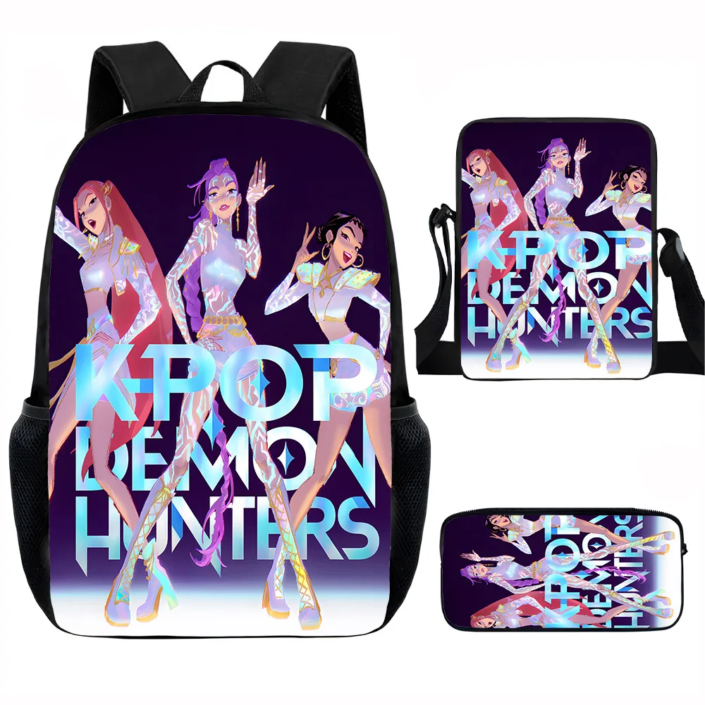 Classico popolare KPop Demon Hunters Stampa 3D 3 pezzi / set Borse da scuola per alunni Zaino per laptop Zaino Borsa a tracolla inclinata Astuccio