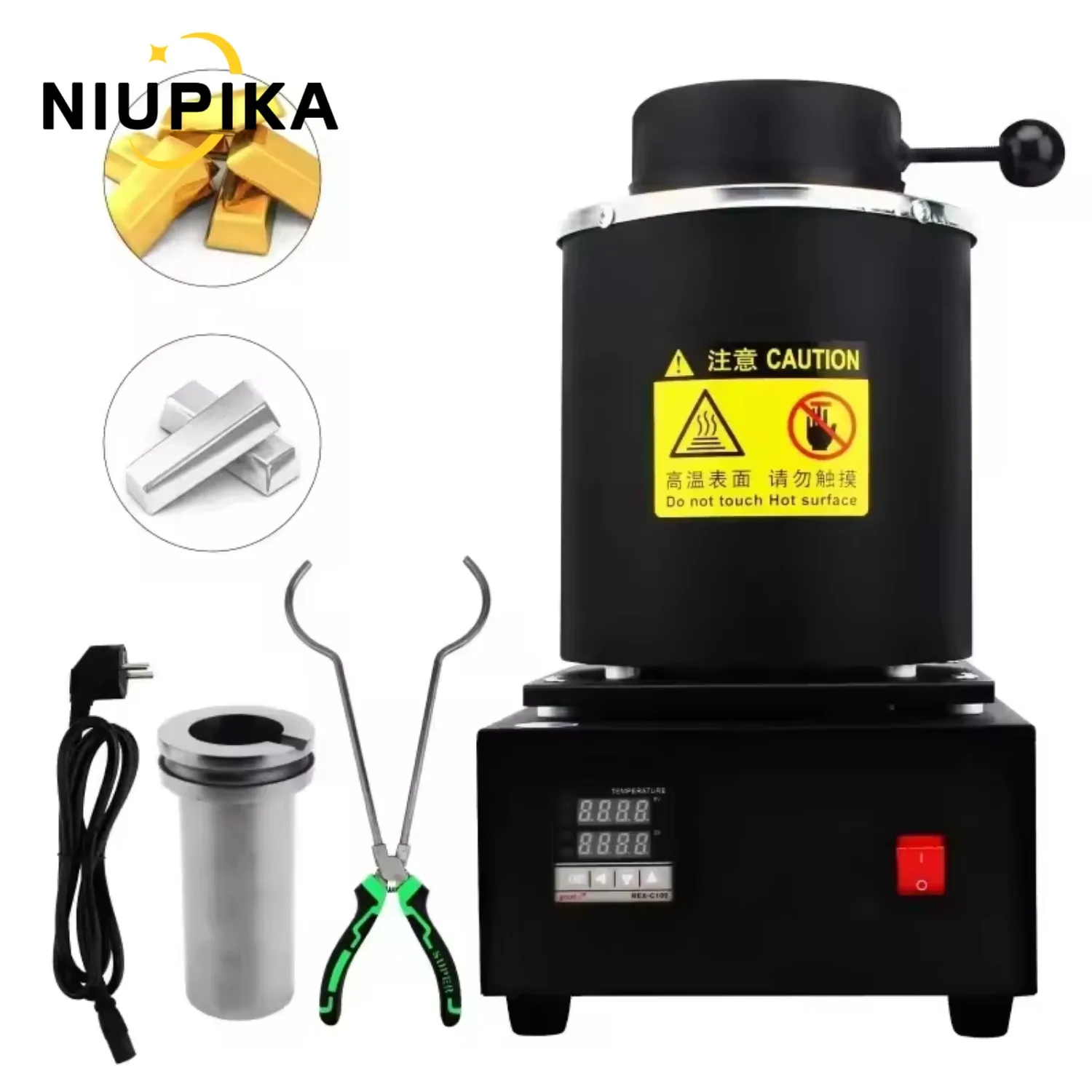 NIUPIKA Electric Gold Melting Furnace with 2KG/3KG Crucible for Jewelry Casting 1400W 1100℃ Digital Precious Metal Smelter