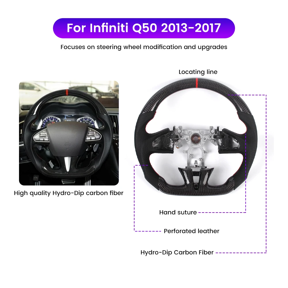 

Carbon Fiber Steering Wheel For Infiniti Q50 2013 2014 2015 2016 2017 Perforated Anti-slip Leather Red Line Replacement