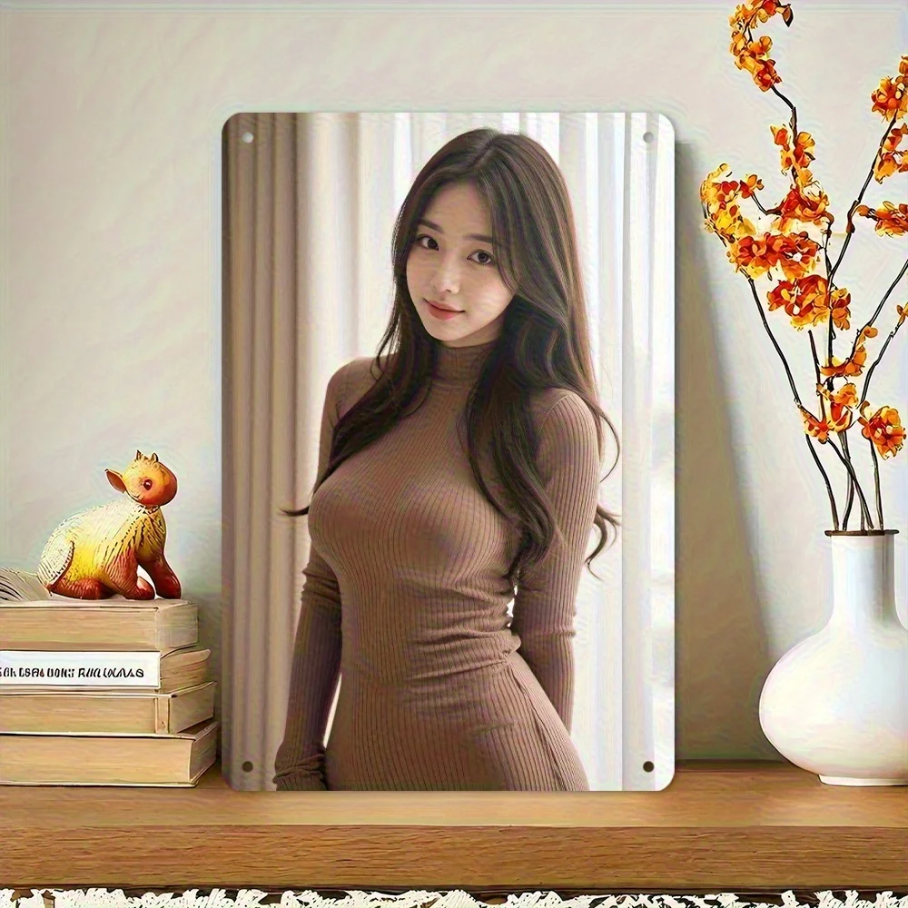 Letrero Metálico Vintage con Diseño de Belleza Oriental en Vestido Ajustado de Cuello Alto Acanalado Marrón - Placa Decorativa Minimalista para el Hogar