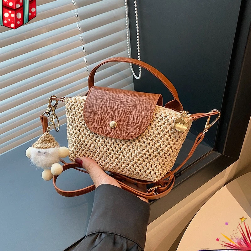 

Мини-тканая сумка для пельменей, портативная мини-соломенная сумка с крышкой для отдыха на море, пляжная сумка на плечо