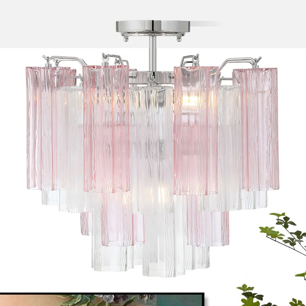 

Murano Pink Transparent Glass Ceiling Chandelier French Modern Art Hanging Lamp for Living Room Bedroom