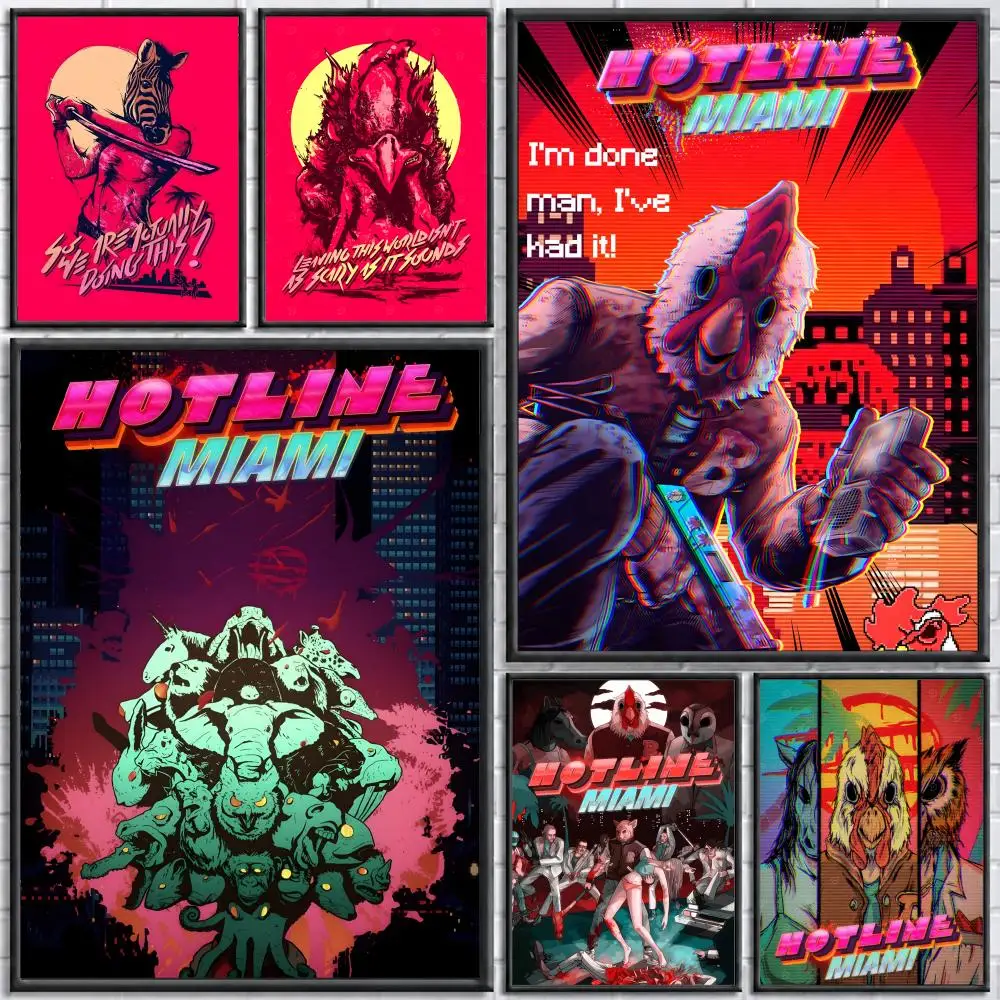 Affiche murale autocollante imperméable HD Game Hotline Miami, décoration artistique pour chambre à coucher et bar