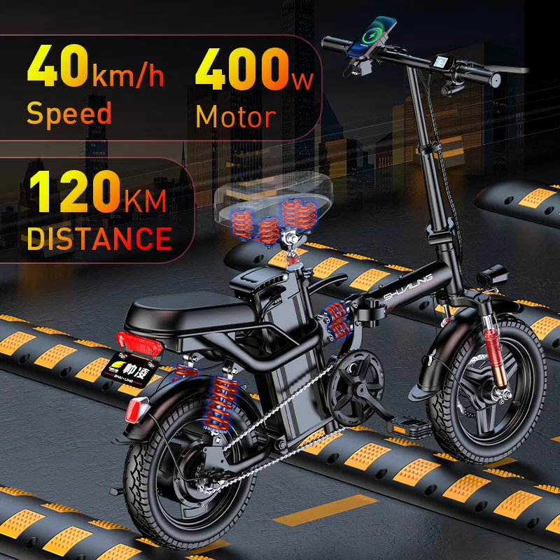 Electric Bicycle 14 Inch 400W Mini City Bike 48V 10Ah 25Ah Folding E-bike 120KM Mountain Cycling Full Throttle Vacuum Tire