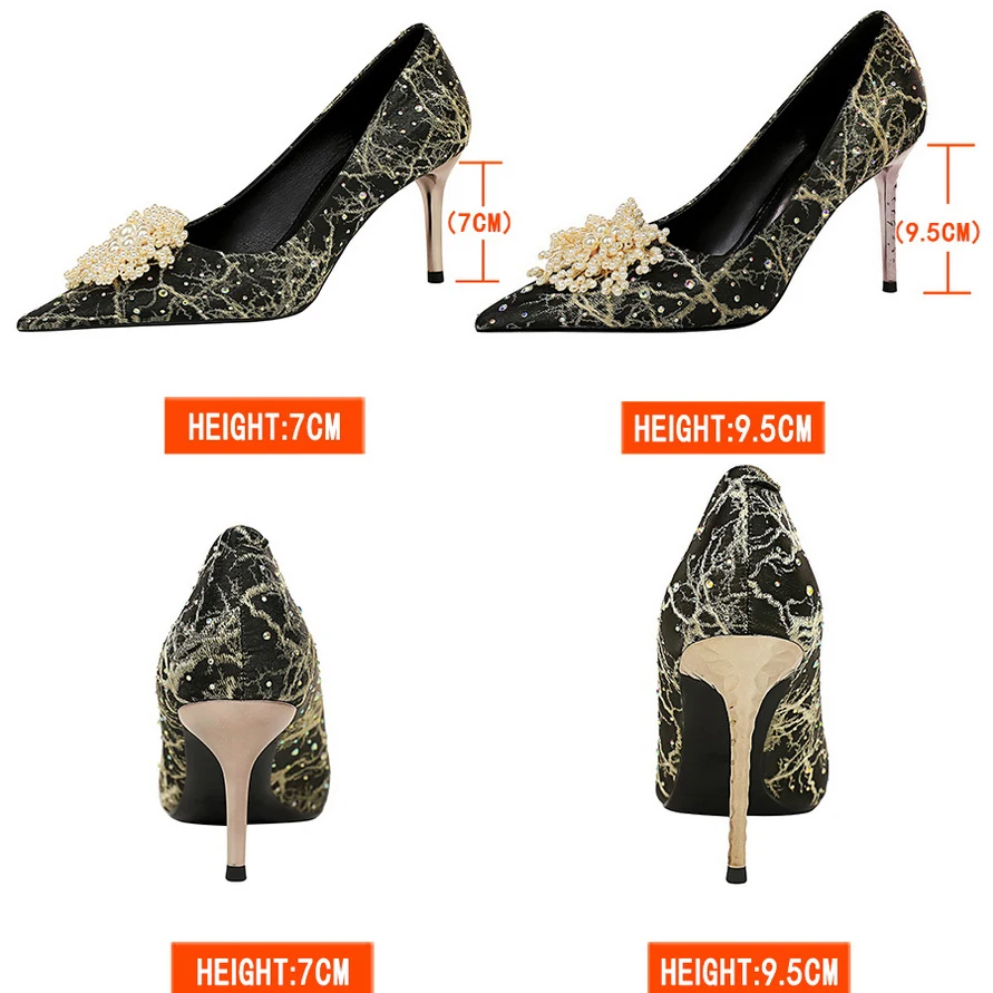 BIGTREE Shoes Pearl Flowers Woman Pumps Rhinestone High Heels 2023 New Luxurious Women Heels Stiletto Large Size Ladies Pumps