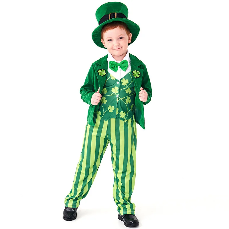 Kids Leprechaun Costume Boys St Patricks Day Green Suit With Top Hat Clover Outfit Carnival Party Dress Up Show Photo Wear PS66