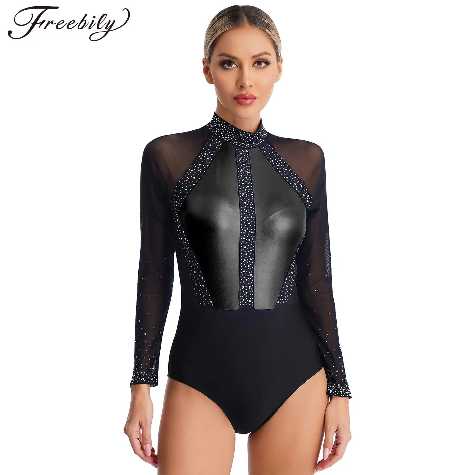 

Women's Skating Gymnastics Leotard Sheer Mesh Long Sleeve Bodysuit for Ballet Dance Rhythmic Gymnastic Jumpsuit Practice Wear