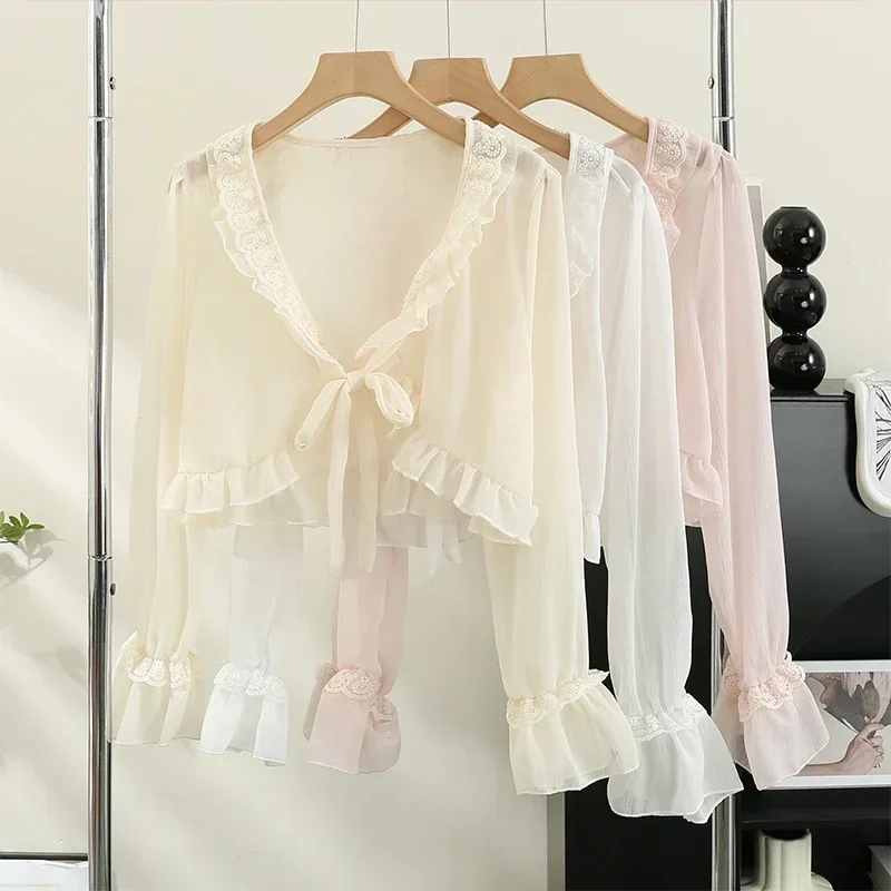 Kimotimo Chiffon Sunscreen Cardigan Women Summer Lace Ruffled Lace Up Thin Shirt Korean Flared Sleeve Fairy Shawl Blouse