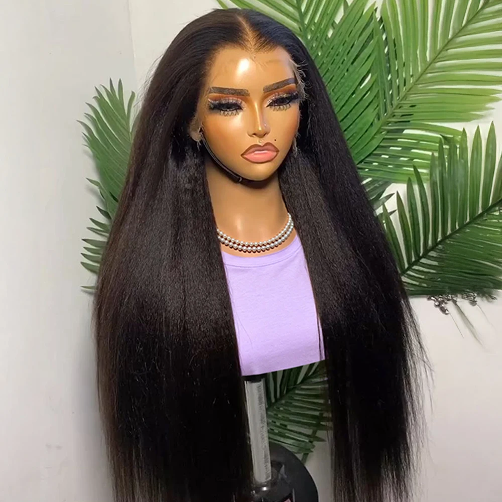 

40 дюймов 360 Полный кружевной черный яки Прямые парики из натуральных волос 13x6 HD Кружевной фронтальный странный прямой парик 7 × 5 Бесклеевой бразильский