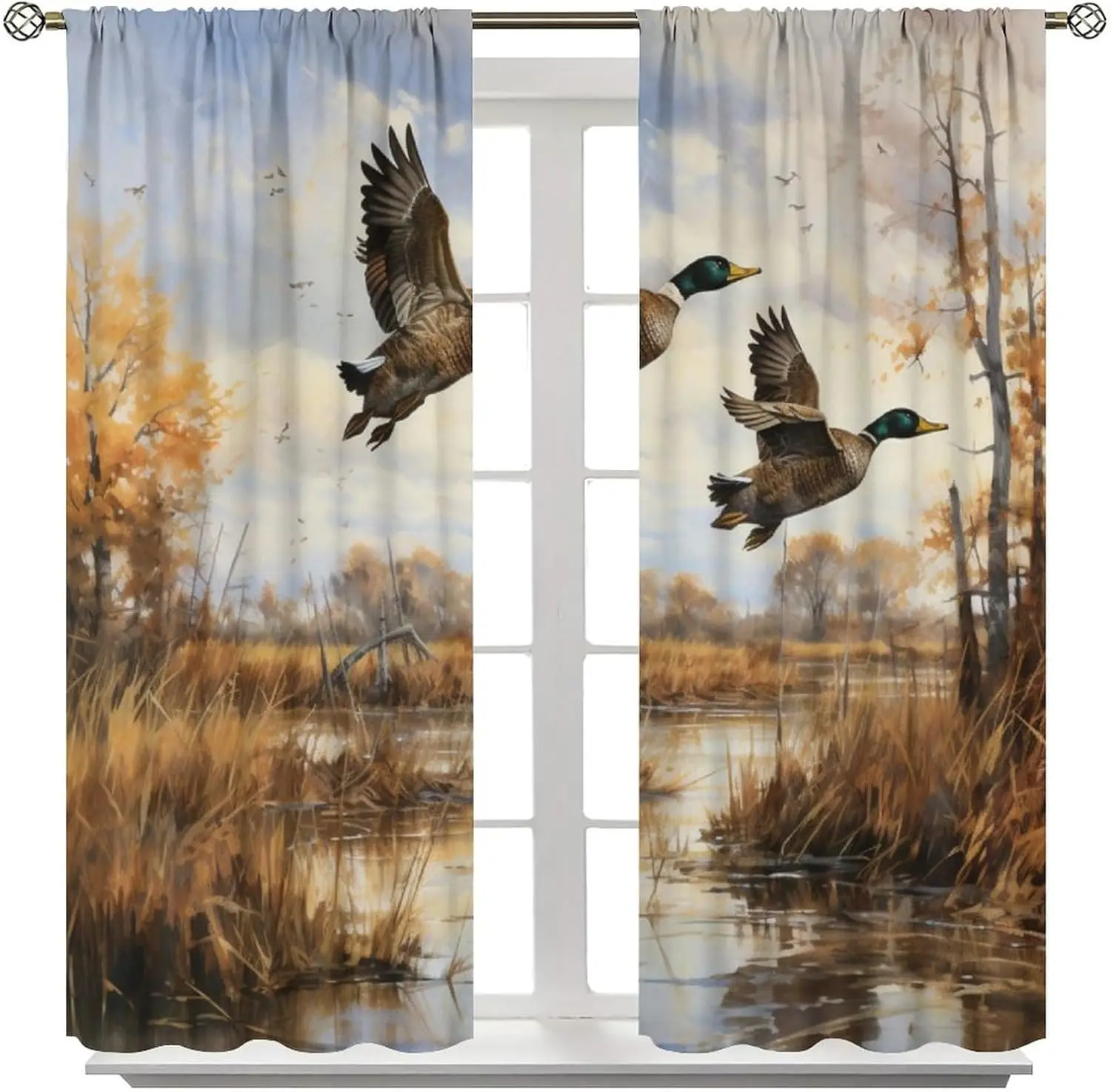 Vintage Mallard Duck Curtains for Bedroom,Country Nature Rustic Oil Painting Fall Forest Reeds Pond Hunting Animals Window