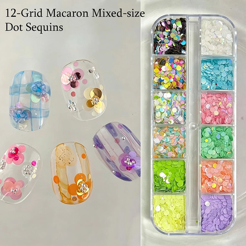 12Grids Fresh Colorful Round Glitter Polka Dot Nail Sequins 3D Mixed Circular Paillette DIY Flower Flakes Nail Charms Cute Decor