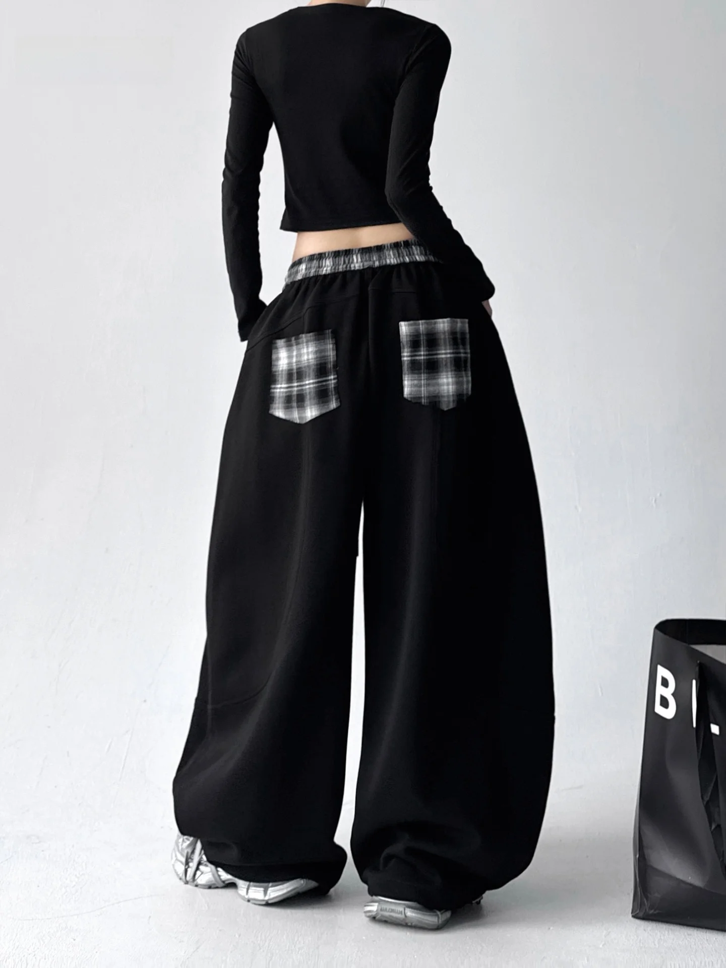 

Trendy Street Dance Wide Leg Pants Women's Casual Plaid Splicing Loose Drape Straight Leg Trousers Retro Sle Ladies Pants