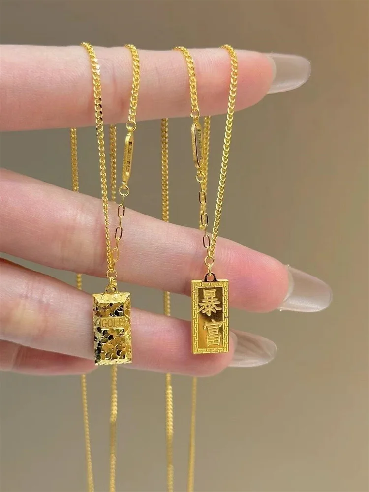 High quality fashion temperament AU999 collarbone chain, crushed ice, instant wealth 24K small gold brick women's necklace gift