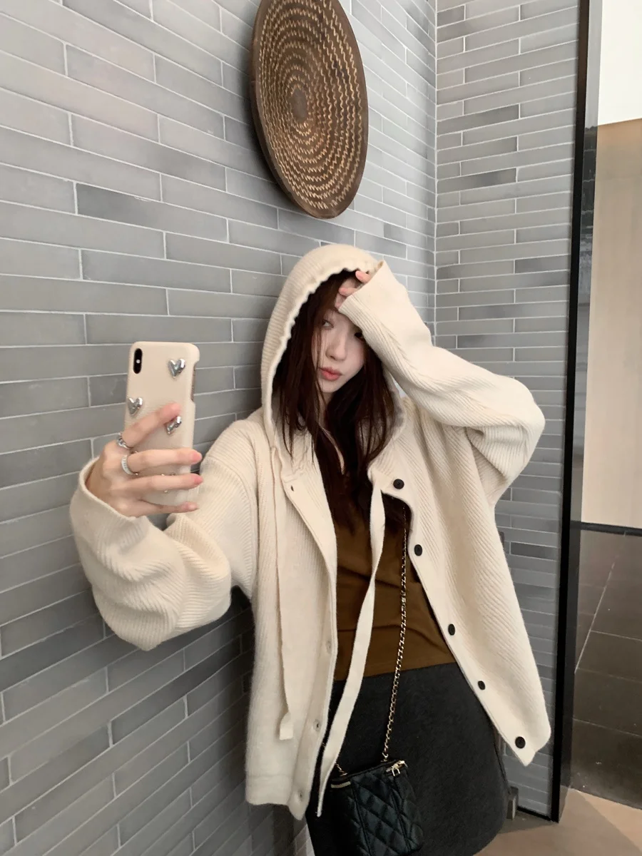 

Ladies' Loose Lazy Feel Hooded Knitwear Coat Dstring Cardigan Top Spring 2025 New Sle Versatile Slimming Commute Sle