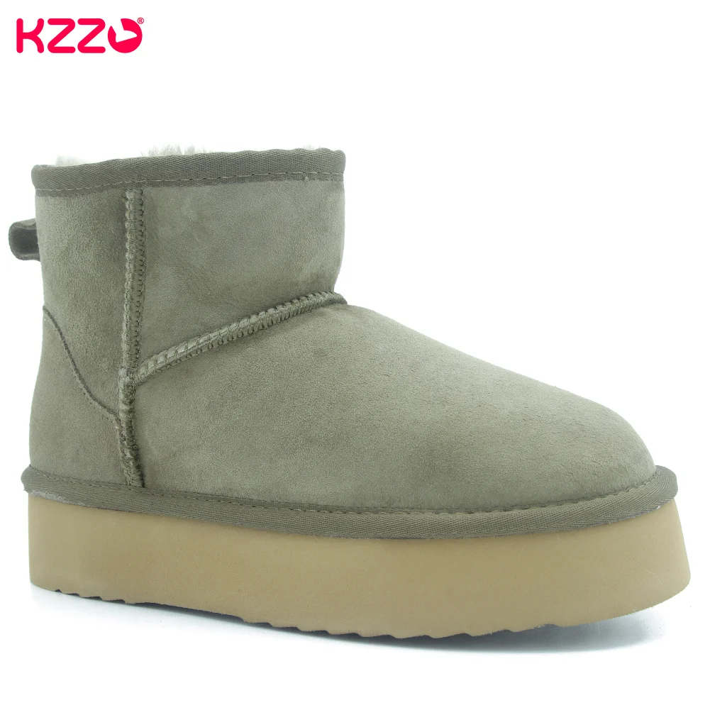 KZZO Australia Classic Platform Snow Boots Women Sheepskin Suede Leather Natural Fur Wool Lined Casual Ankle Winter Warm Shoes