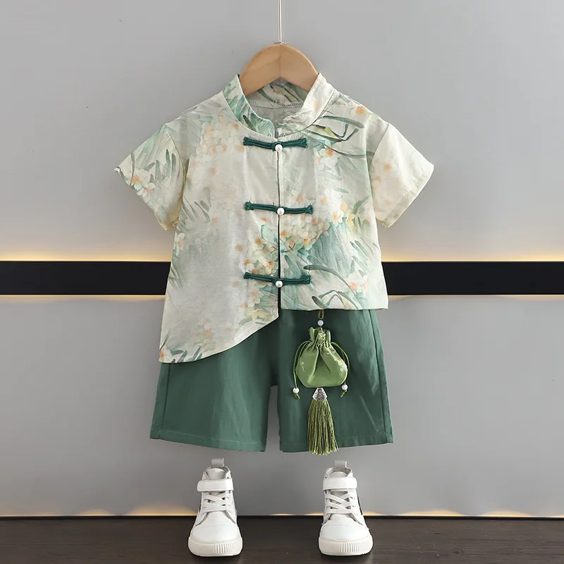 Conjunto de manga corta Hanfu de estilo chino para niños, prendas chinas tradicionales antiguas, guapo occidental, novedad de verano 2024