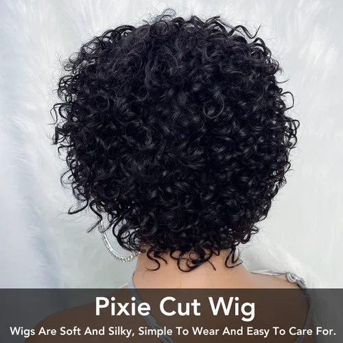 Imagen 2 del producto Pelucas de cabello humano de corte Pixie para mujeres negras Afro Rose rizado Funmi pelucas sin pegamento con flequillo peluca corta rizada hinchable Bob con flequillo