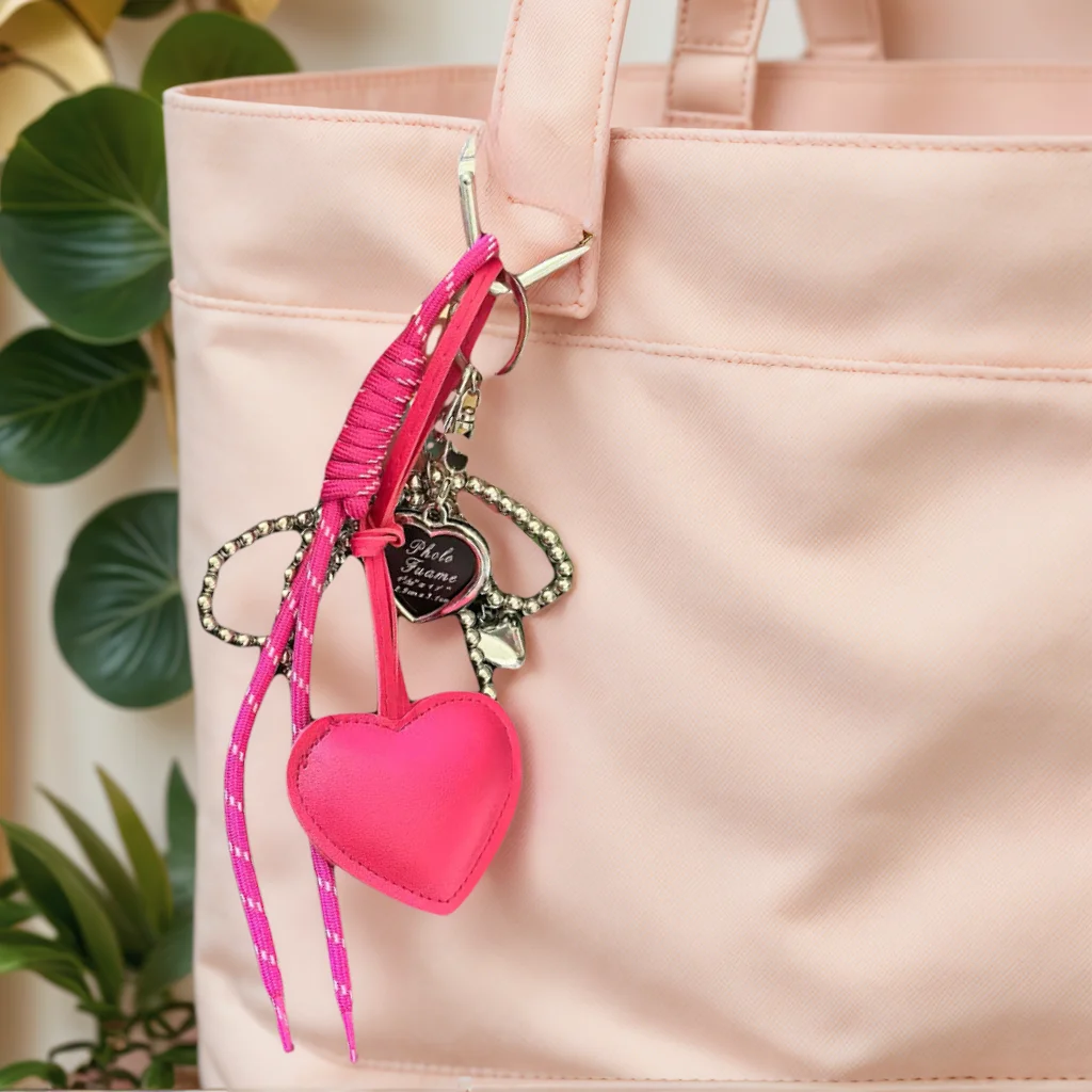 

Hot Pink Trendy Leather Heart Bow Keychain,for Car Keys, Bag Charm Pendant, Purse Accessory Decoration for Women Girls Gift