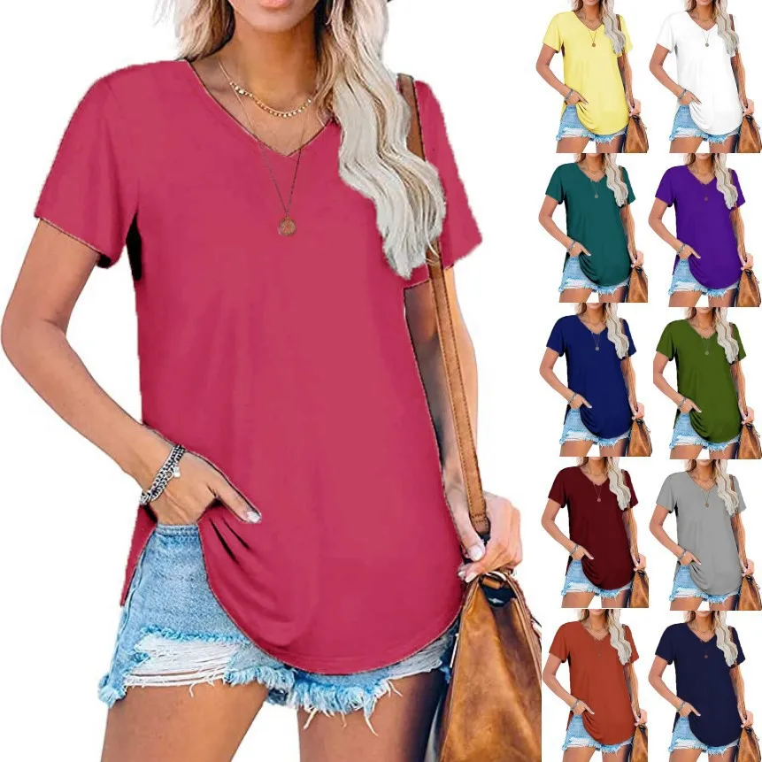 

Loose Knitted Color V-Neck Short Sleeve T-Shirt Women's Summer Top Large Size Polyester Fiber Simple Style Fashion