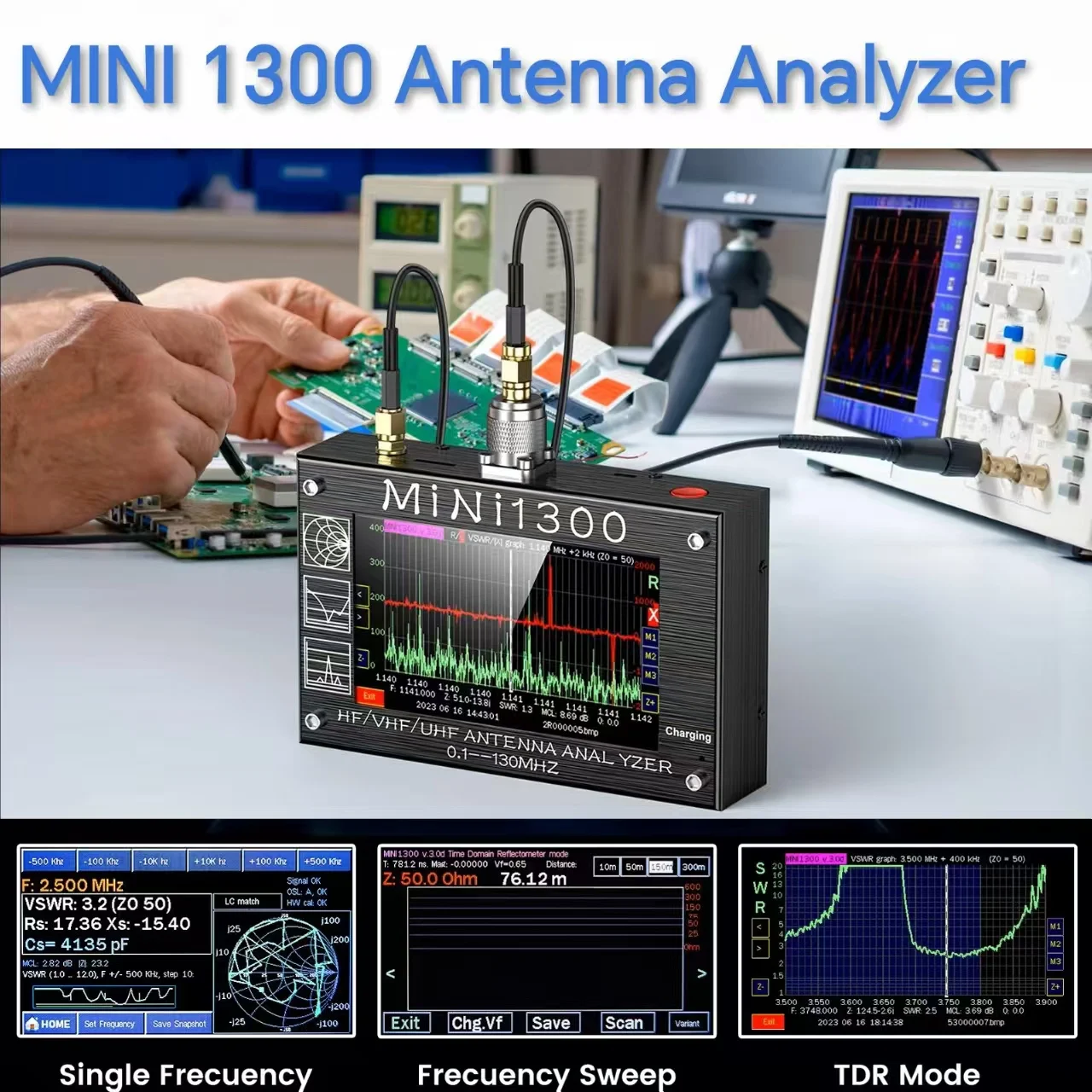 New Mini1300 0.1-1300MHz HF/VHF/UHF Antenna Analyzer with 4.3