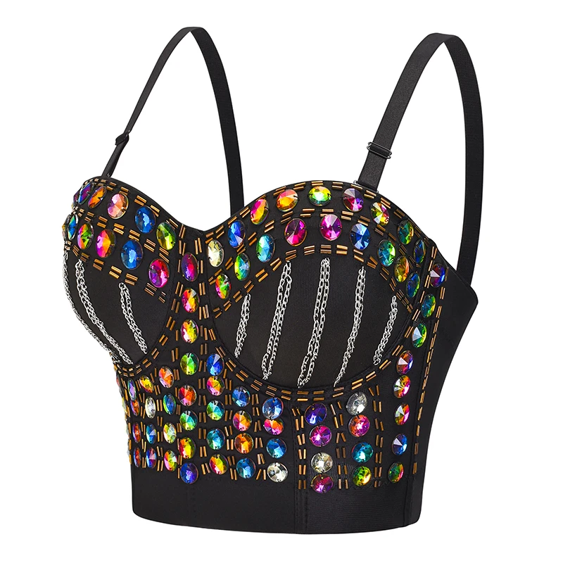 Black Multicolored Diamonds & Chains Sexy Bralette For Women Luxury Bra Push Up Crop Top Nightclub Party Fashion Brassiere Femme