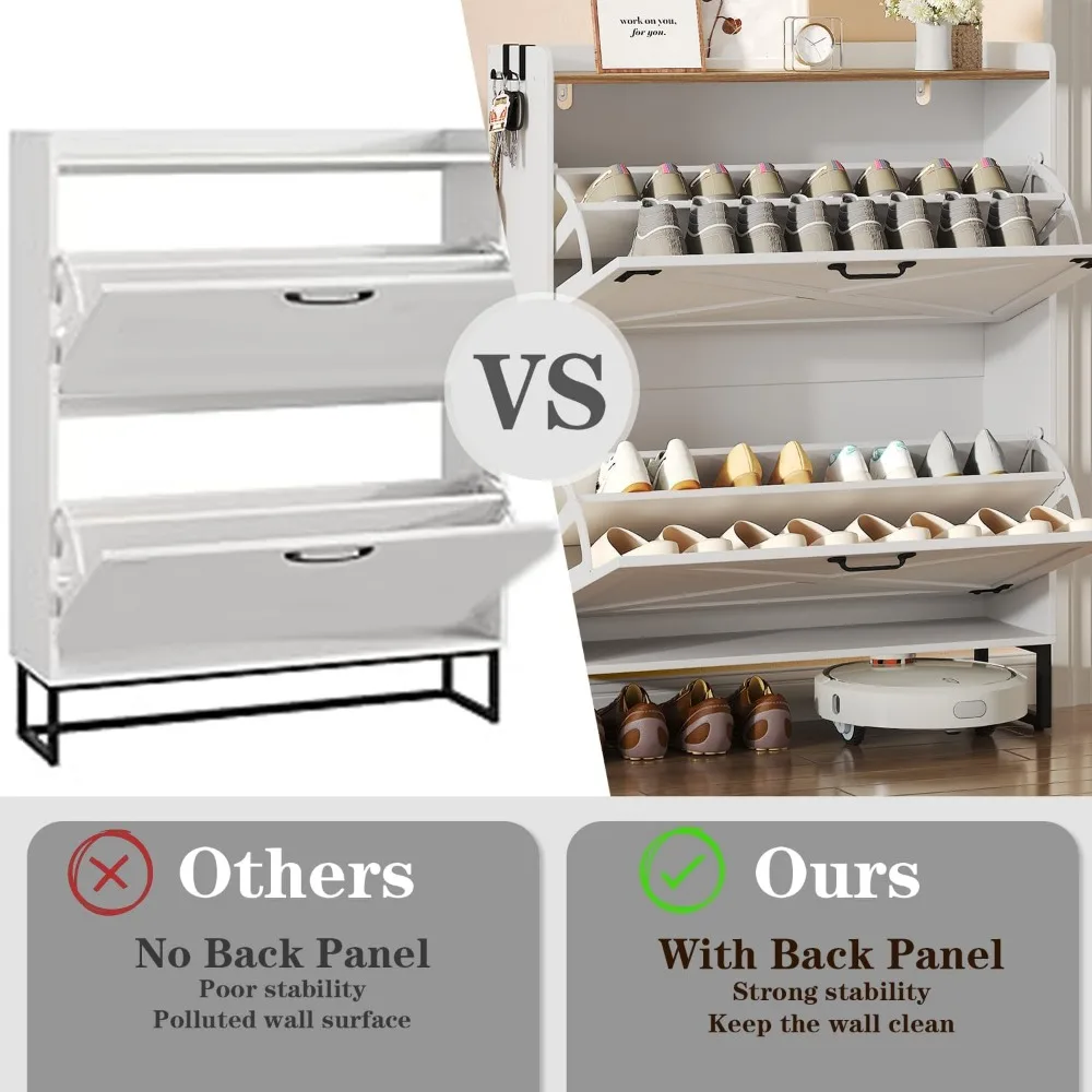 خزانة أحذية المزرعة مع درجين قابلين للطي، ولوحة خلفية، وأرفف قابلة للإزالة وخطافين متحركين، وأقدام معدنية قابلة للتعديل، ودخول ريفي