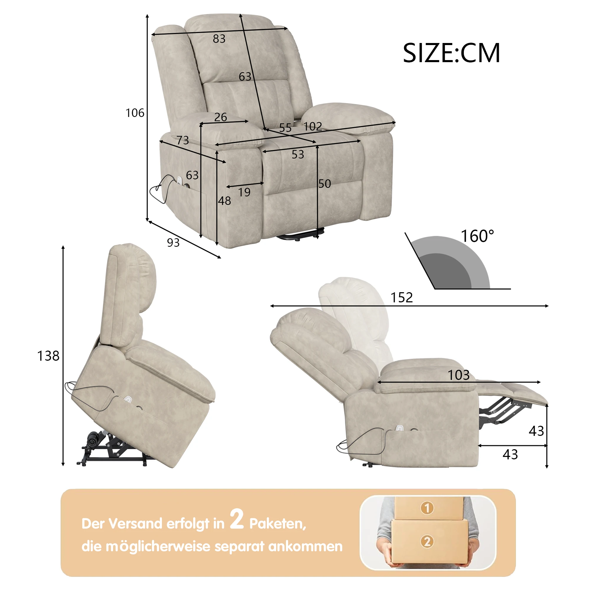 Comanlai Elektrische Relaxfauteuil met 8-punts massage, verwarmingsfunctie, verstelbare voetensteun en zijvakken voor de woonkamer.
