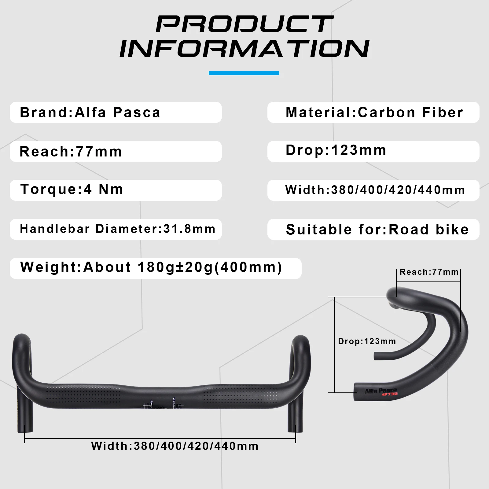 Alfa Pasca 31,8 Carbon Faser Lenker 380/400/420/440mm Drop Bent Bar Rennrad Lenker Routing Racing Fahrrad Zubehör – Detail 6