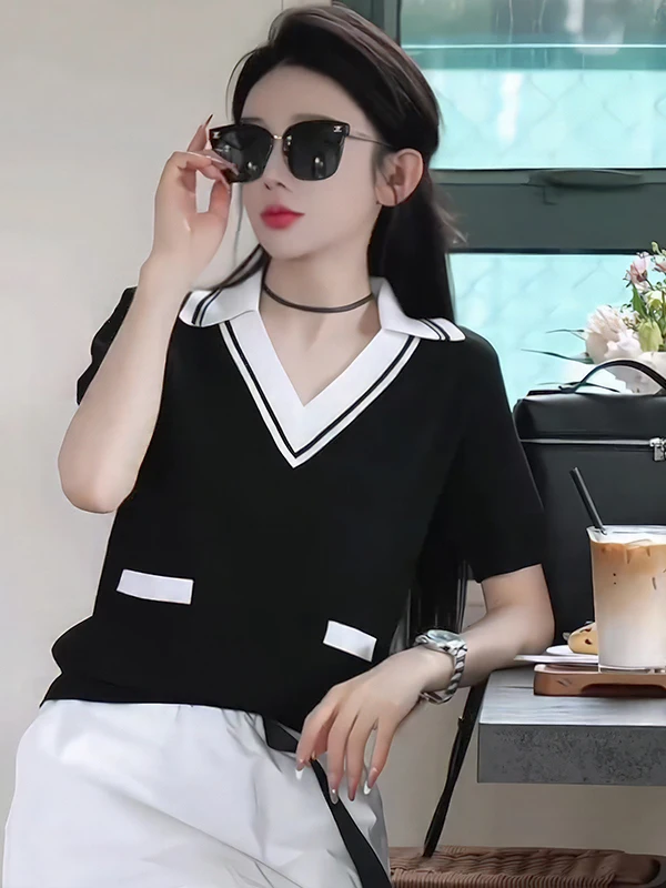 

Korean Sle V-Ne ort Sve T-irt Women's Summer Design Striped Personali Top for Pear Body pes