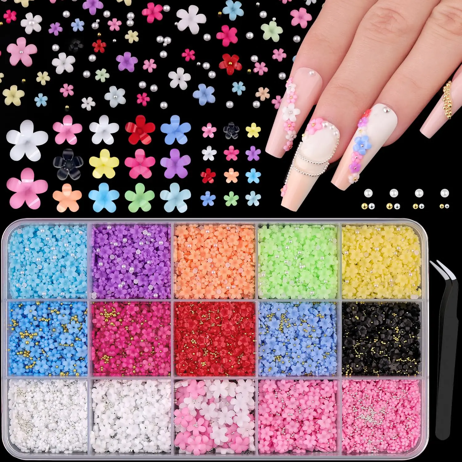 

3D Flower Nail Charms for Nail Art, Cute Colorful Acrylic Floral Charms with Caviar Beads and Pearls, Spring Blossom DIY