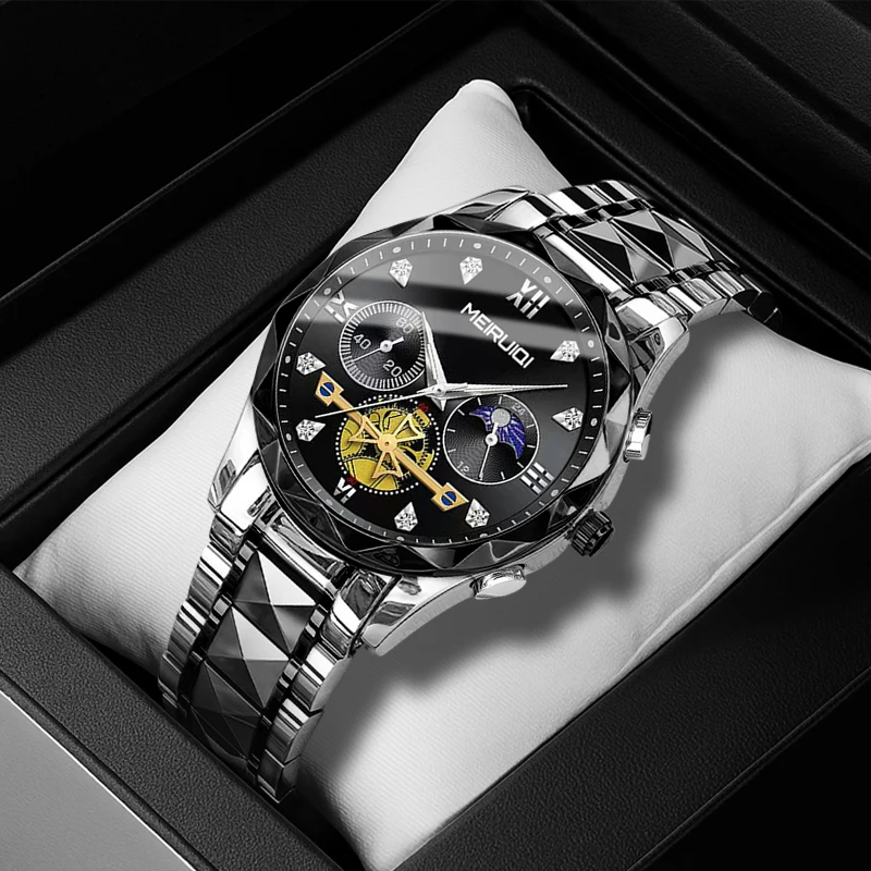 A men's Roman numeral dial, cool black gorgeous casual business quartz watch