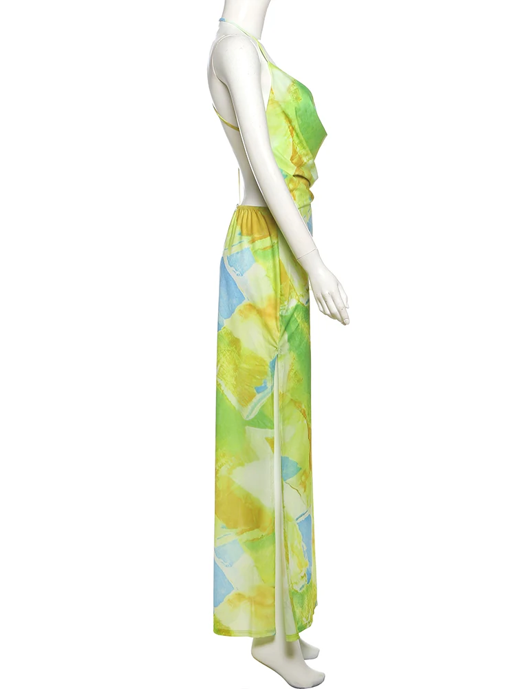 Kliou estético impresso feminino maxi vestido elegante sexy balançando baixo pescoço split sem costas bodycon mujer festivo férias vestidos