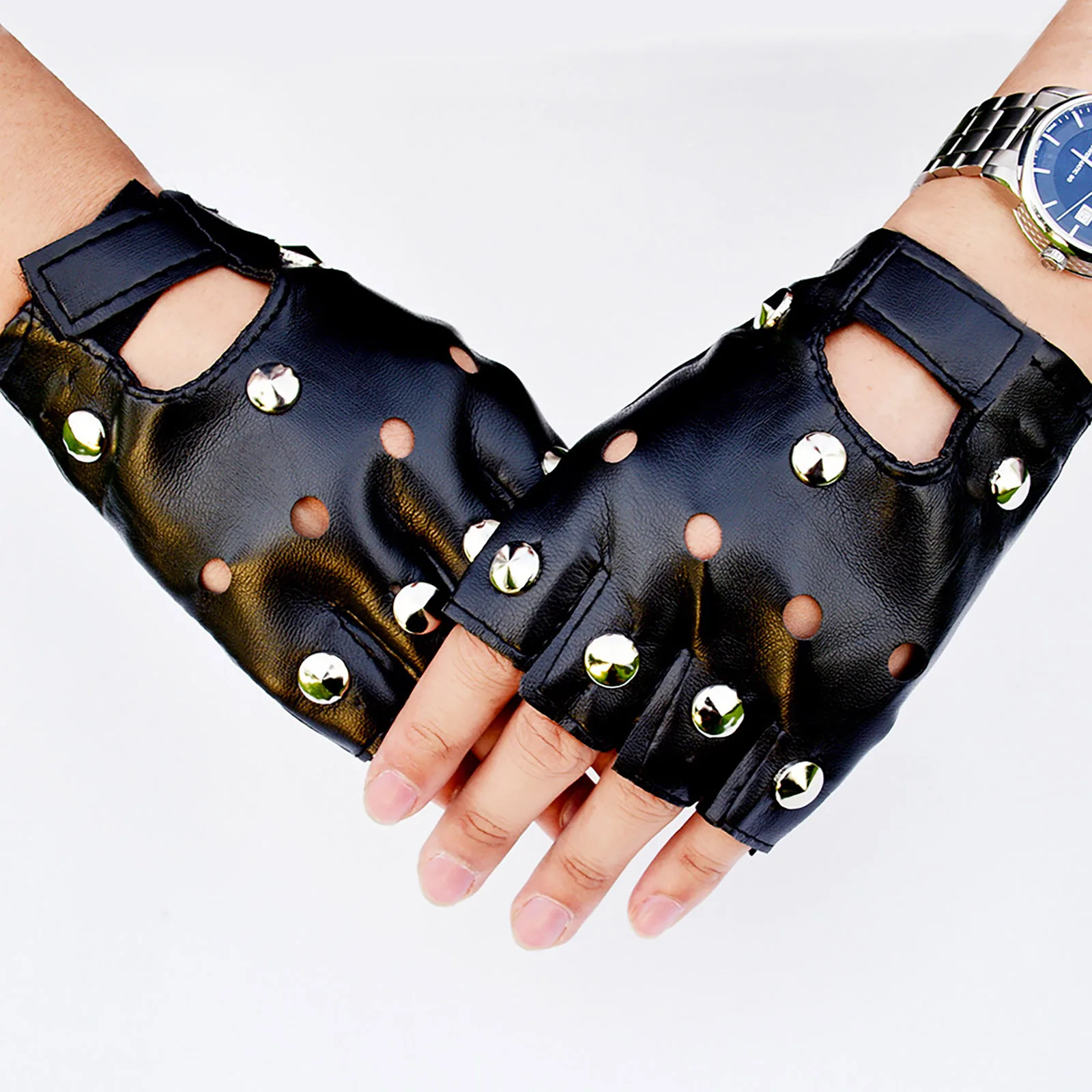 Guantes sin dedos con remaches góticos negros para hombres y mujeres, Semi dedos, transpirables, conducción, cuero PU, Punk, ropa de club, guantes de baile