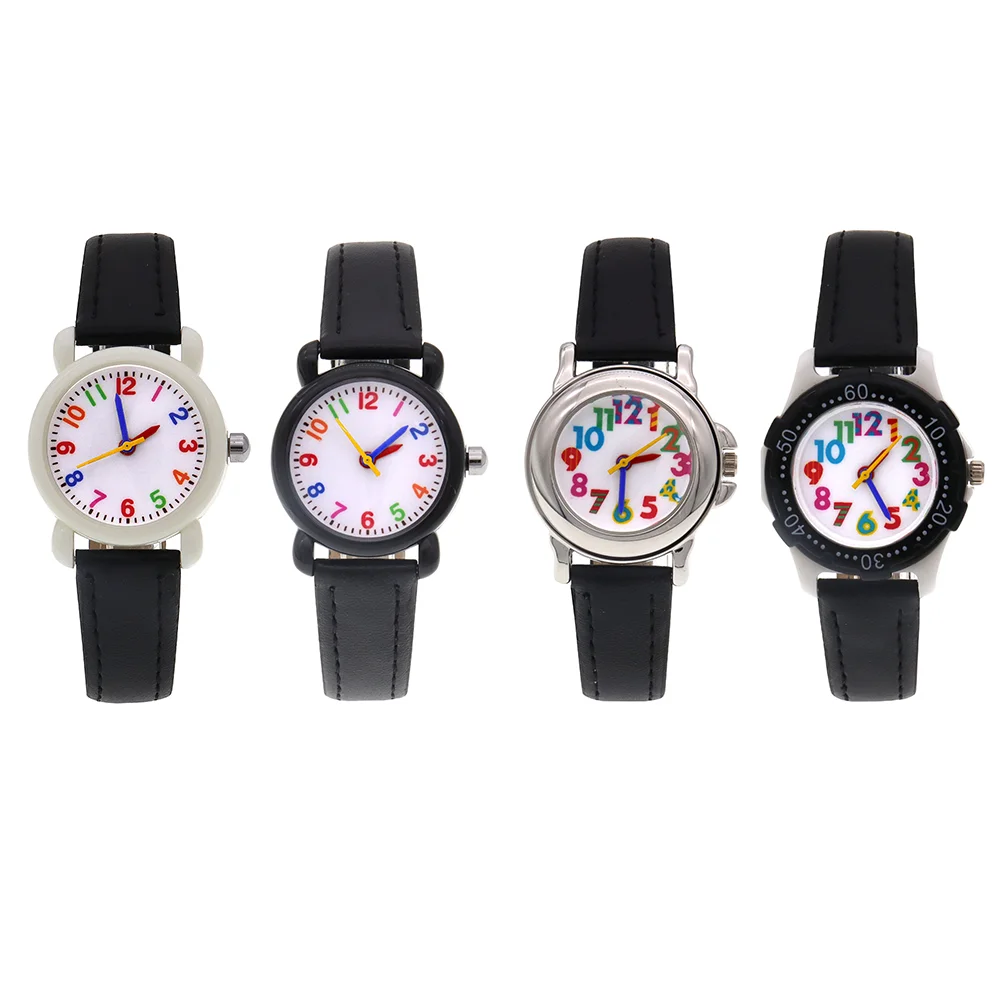 4Pcs  Boys Girls Quartz Wristwatches Simple Watch School Students Watches Black Strap