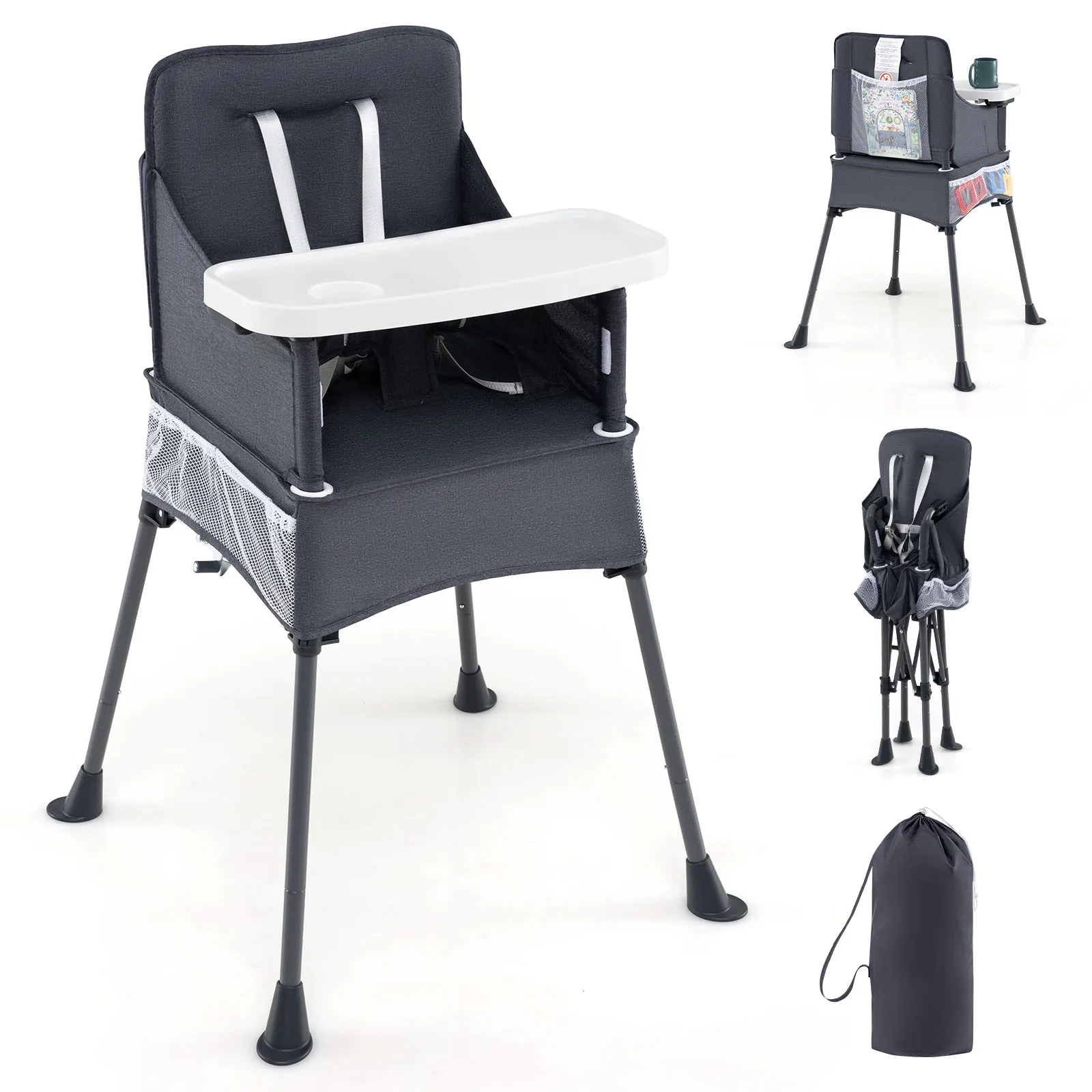 Chaise haute pliante pour bébé avec plateau réglable, sac de rangement et ceinture de sécurité, chai