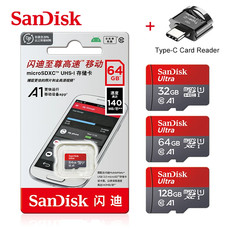 Original SanDisk A1 Memory Card 256GB 128GB 64GB 100MB/S 32GB Micro sd card Class10 UHS-1 Flash Microsd TF + Type-C Card Reader