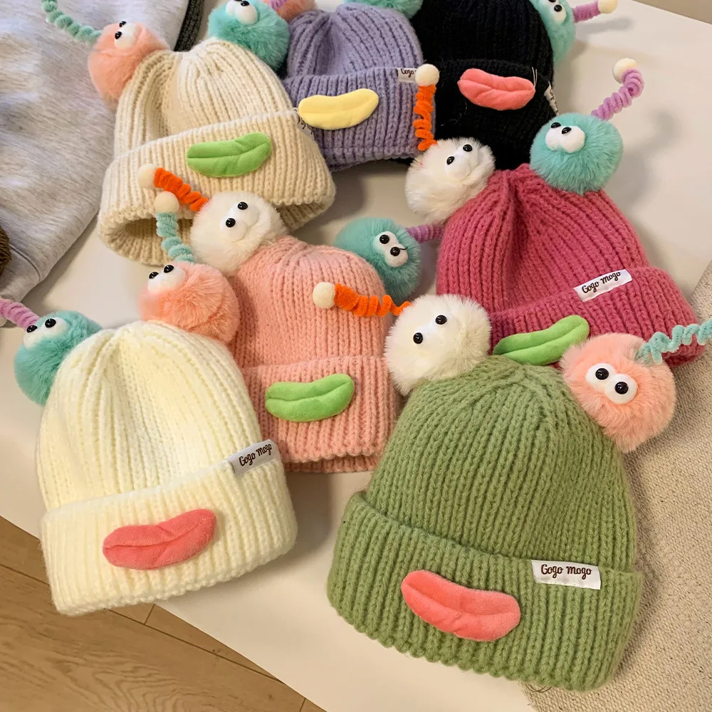 Funny Stupid Cute Beanie For Women Winter Kpop 3D Month Full Lips Warm Knitted Hat Fashion Student Skullies Cap Streetwear