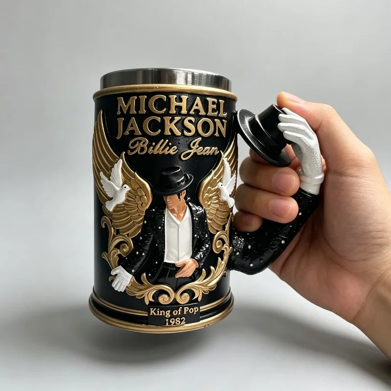 3D Embossed Michael Jackson Mug King of Pop Billie Jean Stainless Steel Cup Gold Wing Sculpture Fan Gift Home Decor Collectible